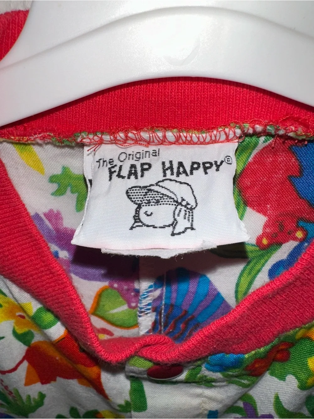 Vintage 1987 Flap Happy Jungle Animals Short Sleeve Button Romper - Red Trim